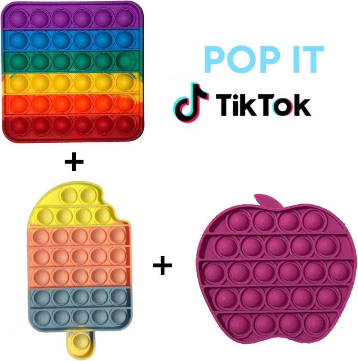 Pop it fidget toys pakket set 3 in 1 rainbow regenboog vierkan + multicolor ijsje + appel paars | Tiktok trend 2021 | Anti stress | Meisjes√ jongens√ volwassenen√ | Verjaardag cadeautip | Leuk voor pasen